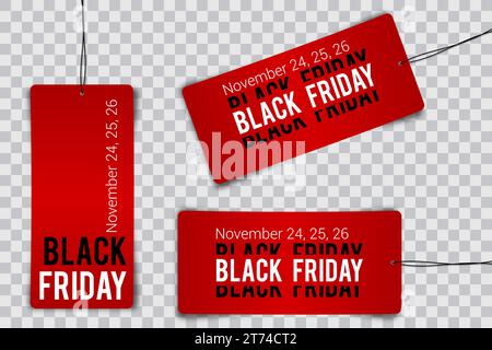 Black friday tag rectangular banner and the rope hanging on transparent background Stock Vector