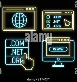 Web domain icons set. Outline set of web domain vector icons neon color on black Stock Vector