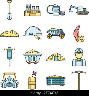 Coal industry factory icons set. Outline set of coal industry factory vector icons thin line color flat on white Stock Vector