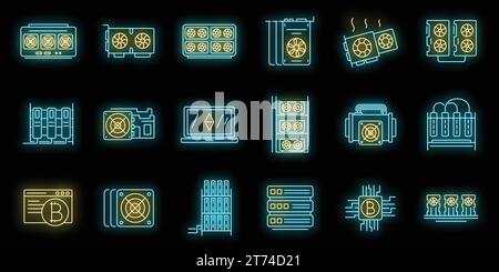 Mining farm icons set. Outline set of mining farm vector icons neon color on black Stock Vector