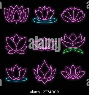 Lotus icons set. Outline set of lotus vector icons neon color on black Stock Vector