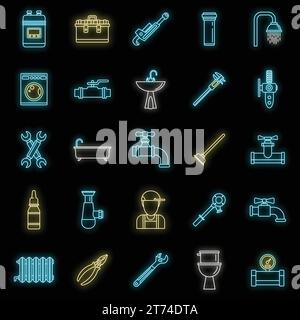 Plumbing repair icons set. Outline set of plumbing repair vector icons neon color on black Stock Vector