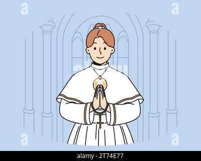 Little catholic girl takes part in first holy communion and stands in temple making prayer gesture. Child dressed for christian religious ritual of holy communion inside cathedral.  Stock Vector