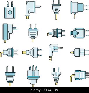 Plug cord icons set. Outline set of plug cord vector icons thin line color flat on white Stock Vector