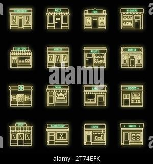 Local business store icons set. Outline set of local business store vector icons neon color on black Stock Vector