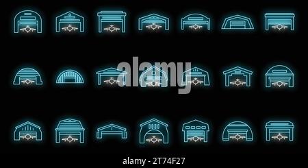 Airport hangar icons set. Outline set of airport hangar vector icons neon color on black Stock Vector