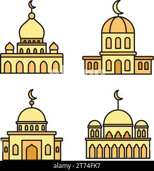 Mosque building icons set. Outline set of mosque building vector icons thin line color flat on white Stock Vector