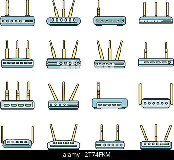 Modern router icons set. Outline set of modern router vector icons thin line color flat on white Stock Vector