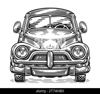 Front view of a retro car, black and white illustration. Vintage road mode of transport Stock Photo