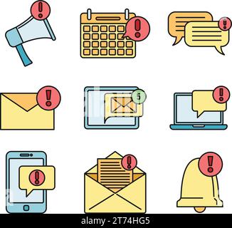 Device notification icons set. Outline set of device notification vector icons thin line color flat on white Stock Vector