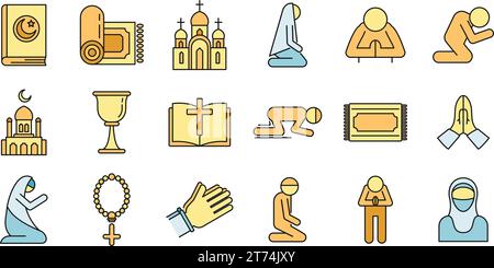 Religion prayer icons set. Outline set of religion prayer vector icons thin line color flat on white Stock Vector