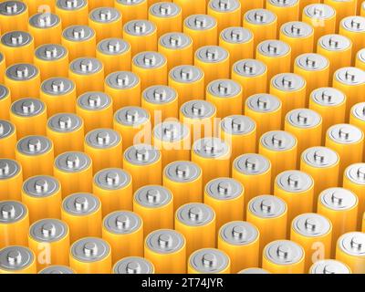 Many rows with yellow AA size batteries Stock Photo