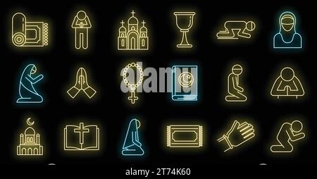 Religion prayer icons set. Outline set of religion prayer vector icons neon color on black Stock Vector