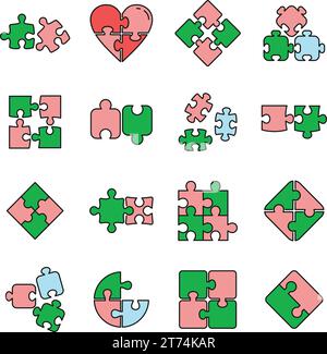 Puzzle pieces icons set. Outline set of puzzle pieces vector icons thin line color flat on white Stock Vector