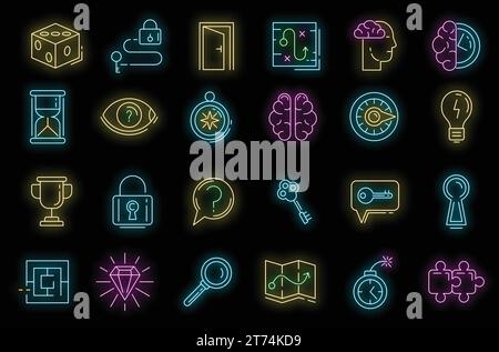 Quest icons set. Outline set of quest vector icons neon color on black Stock Vector