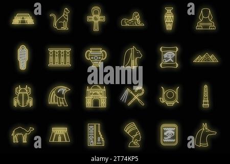 Egypt travel icons set. Outline set of Egypt travel vector icons neon color on black Stock Vector