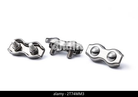 Metal rope clips for yacht rope or carabiners for climbing ropes. Stock Photo