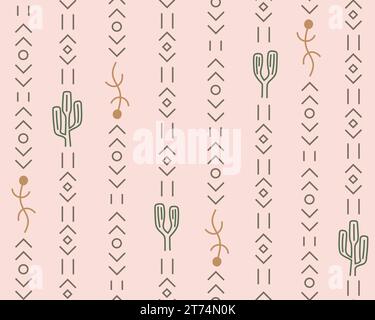 Geometric native american folklore ornament, cactus seamless background. Simple aztec striped vector background. Stock Vector