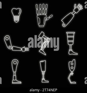 Bionic artificial limbs icons set. Outline set of bionic artificial limbs vector icons neon color on black Stock Vector