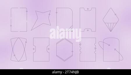 Simple trendy aesthetic line frames collection with sparcle, stars. Y2k geometric vector arc shapes on purple gradient background. Stock Vector