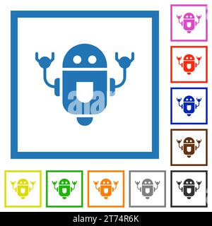 Rolling robot flat color icons in square frames on white background Stock Vector