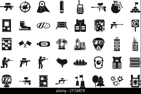Paintball icons set simple vector. Action player. Military shooting extreme Stock Vector
