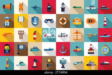 Coast guard icons set flat vector. Sea ship coast. Guard radio Stock Vector