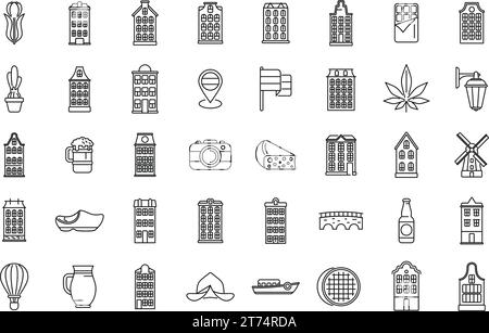 Amsterdam icons set outline vector. Europe house. Street travel city Stock Vector