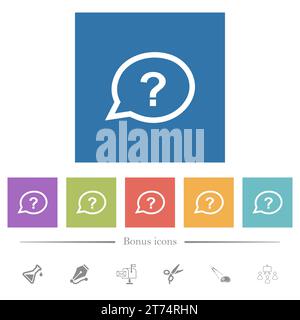 Oval help chat bubble outline flat white icons in square backgrounds. 6 bonus icons included. Stock Vector