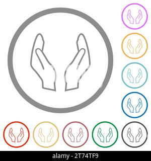 Empty protecting hands outline flat white icons on round color ...