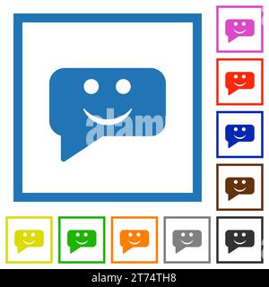 Rounded square smiling chat bubble solid flat color icons in square frames on white background Stock Vector