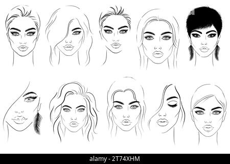 Vector Young woman sketch faces on white background in various themes. Hand drawn illustration. V12 Stock Vector