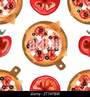 Seamless pizza pattern with tomatoes, olives and cheese. Watercolor illustration for menus, recipes, kitchen textiles, design of cafes, restaurants an Stock Photo
