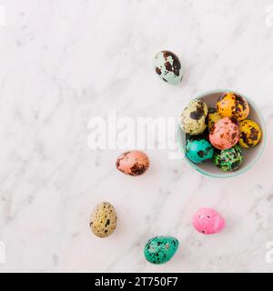 Set colourful quail easter eggs bowl Stock Photo