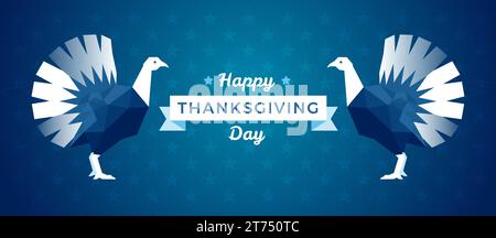 Happy Thanksgiving Day banner with turkey bird and creative lettering - trendy minimal style - blue color vector background Stock Vector