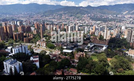 Medellin, Antioquia - Colombia. November 13, 2023. Aerial view of the El Poblado neighborhood of the city Stock Photo