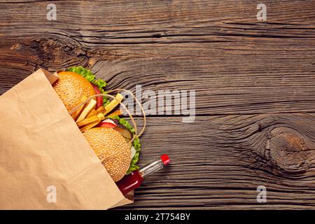 Top view burger with french fries bag Stock Photo