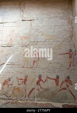SAQQARA, EGYPT - MARCH 23, 2023:  Pictures from the inner walls of buildings in the Saqqara necropolis, Egypt that includes Step Pyramid of Djoser Stock Photo