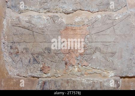 SAQQARA, EGYPT - MARCH 23, 2023:  Pictures from the inner walls of buildings in the Saqqara necropolis, Egypt that includes Step Pyramid of Djoser Stock Photo