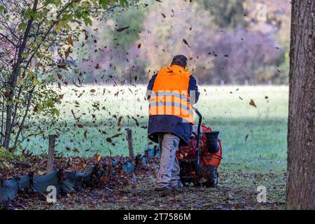 Autumn is the time for leaf blowers, when the leaves fall from the trees in parks and gardens, they are removed with garden tools, Stuttgart Stock Photo