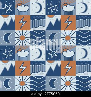 Plaid vector seamless geometric pattern with cute drawn sky and nature weather elements like moon, sun, stars, rain in blue and red muted colors. Mode Stock Vector