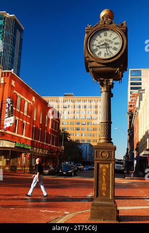 A Historic jewelers clock stands at the heart of Sundance Square in Fort Worth Texas Stock Photo