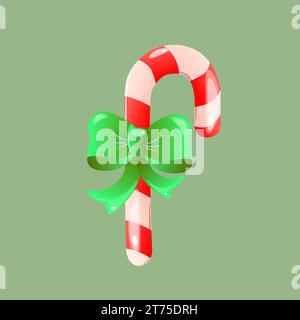 Christmas lollipop with red stripes and big green bow with shadows and highlights. Vector Stock Vector
