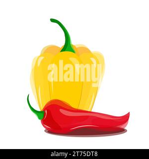 Yellow bell pepper with green tail and lying next to red hot chili pepper with green tail in watercolor style with highlights and shadows. Vector Stock Vector