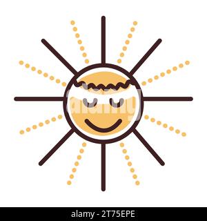 Groovy sun, summer season icon in yellow and brown colors Stock Vector