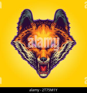 Nightmare roaring wolf head vector illustrations for your work logo, merchandise t-shirt, stickers and label designs, poster, greeting cards advertisi Stock Vector