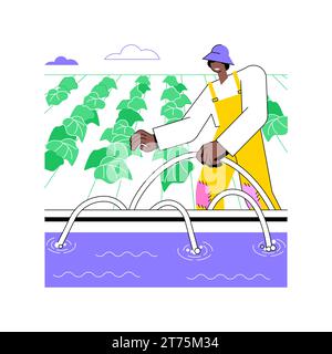 Surface irrigation systems isolated cartoon vector illustrations. Farmer installs irrigation systems, agribusiness worker, agricultural input sector, sprinkling equipment vector cartoon. Stock Vector