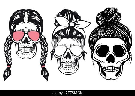 Woman skull With Messy Bun hair. Mom Life illustration in various themes. Hand drawn Vector collection. V23 Stock Vector