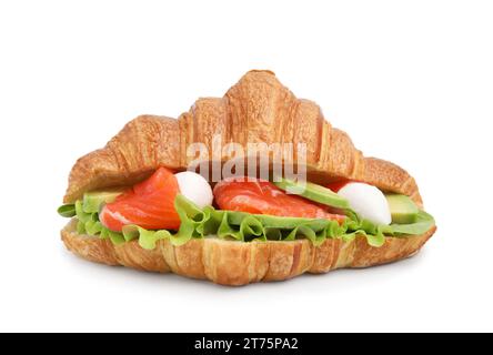 Tasty croissant with salmon, avocado, mozzarella and lettuce isolated on white Stock Photo