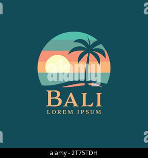 Tropical beach logo at sunset with a palm tree on the island of Bali Stock Vector